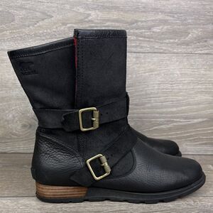 Sorel Major Moto Black Leather Women’s Sz 8 Waterproof Red Plaid Fold-Over Boots